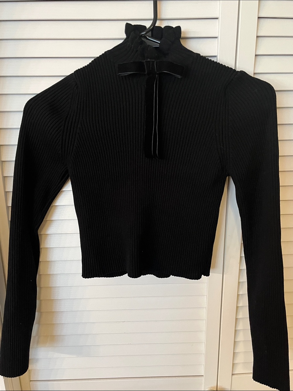 Zara Black Ribbed Mock Neck Top with Velvet Tie